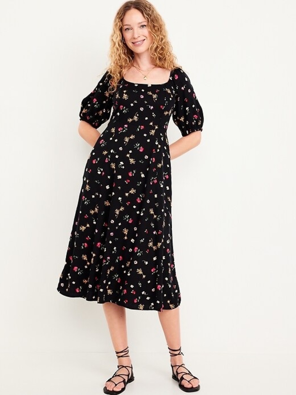 Black Floral Puff-Sleeve Midi Dress - Unknown Brand
